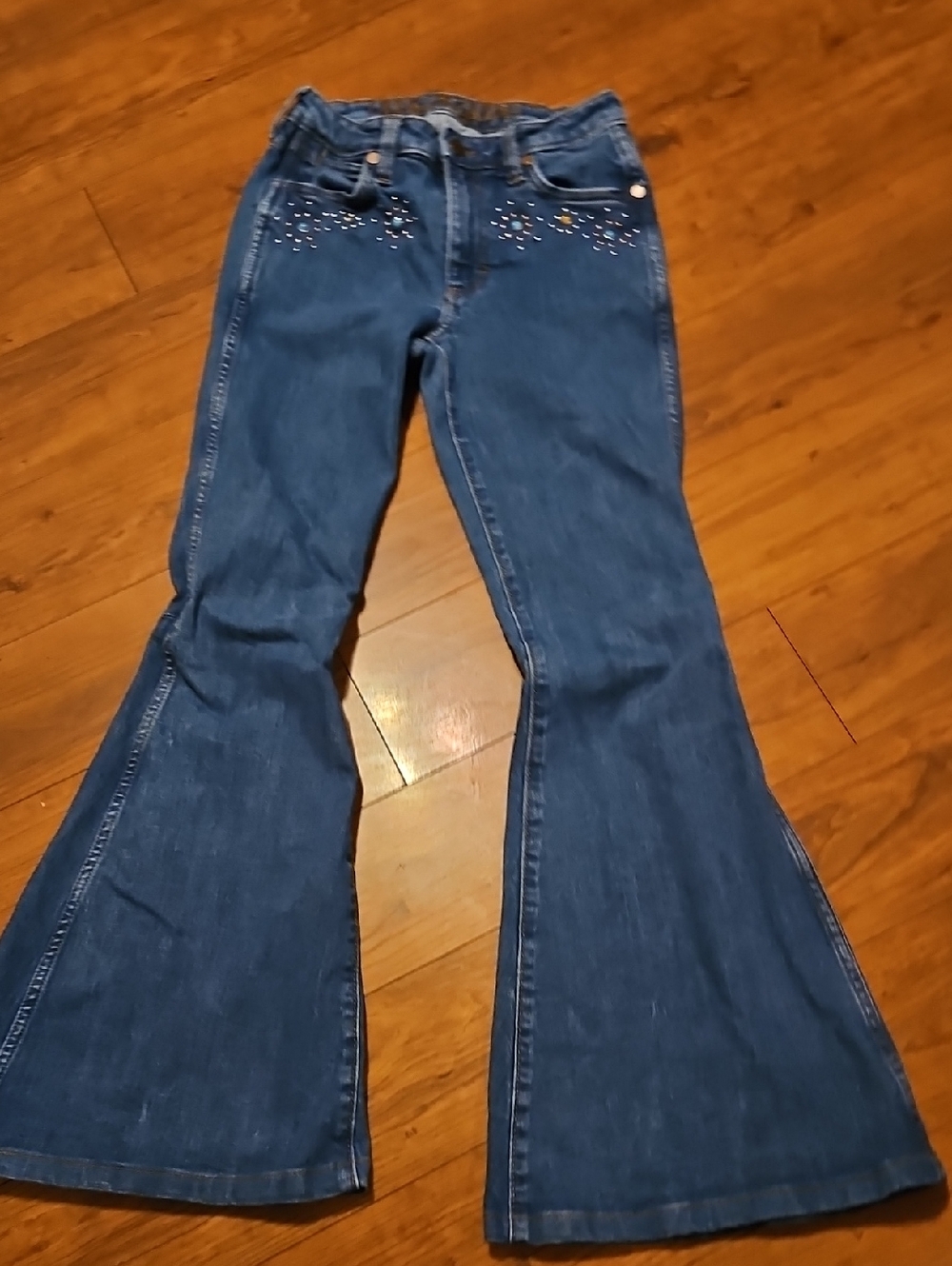 Wrangker Dark Blue Flare Jeans with Rhinestone Detail - Women 25x36